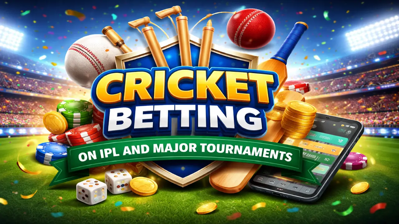 Cricket betting banner featuring IPL tournament theme with cricket bat, ball, betting chips, and mobile betting app in a stadium