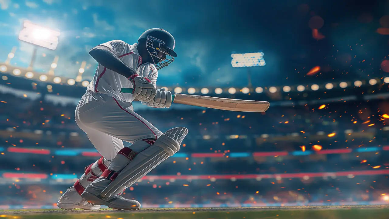 A professional cricket player in full gear swings a bat to hit the ball during a night match, with bright stadium lights and dramatic sparks in the background.