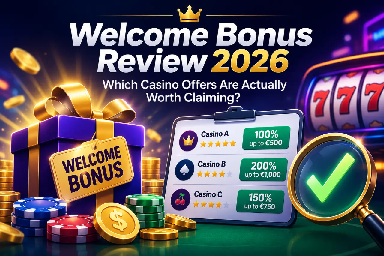 Illustration of a casino welcome bonus comparison featuring a gift box, casino chips, slot machine, and checklist comparing welcome bonus offers for online casinos in 2026.