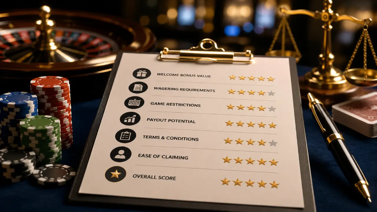 Clipboard displaying casino welcome bonus evaluation criteria with star ratings, poker chips, roulette wheel, and gaming table, illustrating the methodology used to review and compare online casino welcome offers.