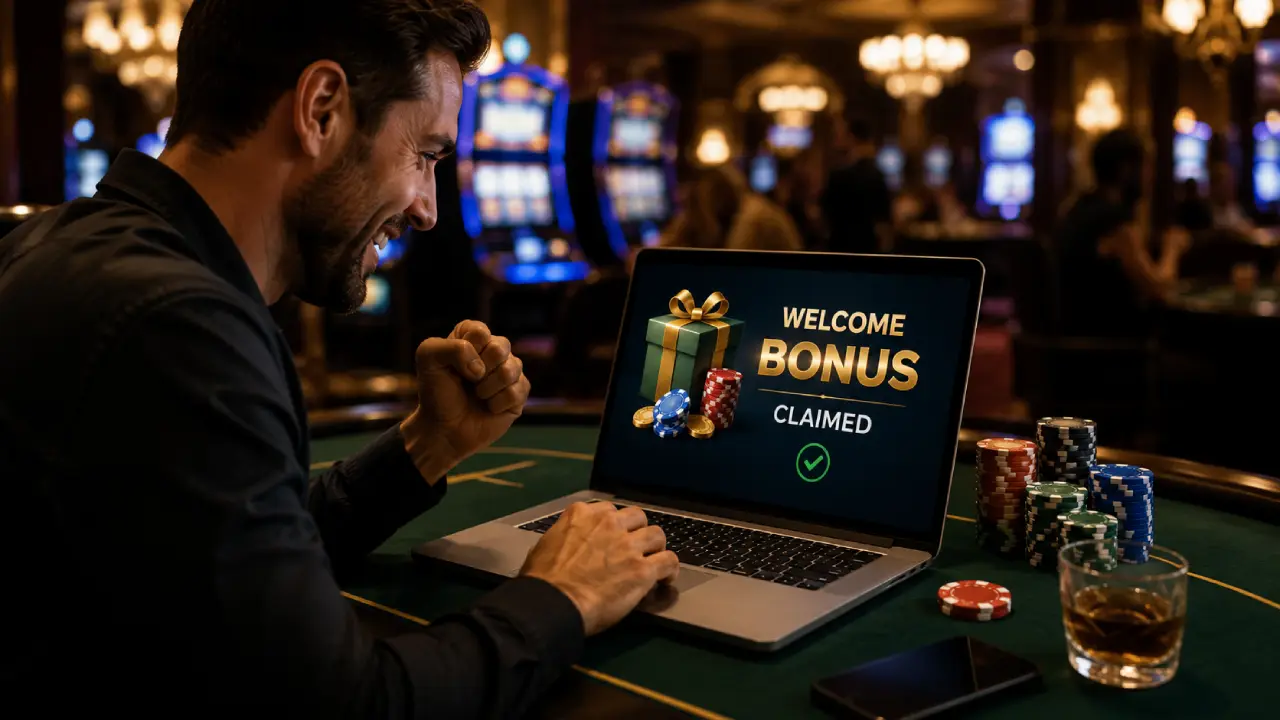Player claiming an online casino welcome bonus on a laptop while celebrating at a casino table, illustrating how welcome bonuses can benefit new players seeking extra value and rewards.