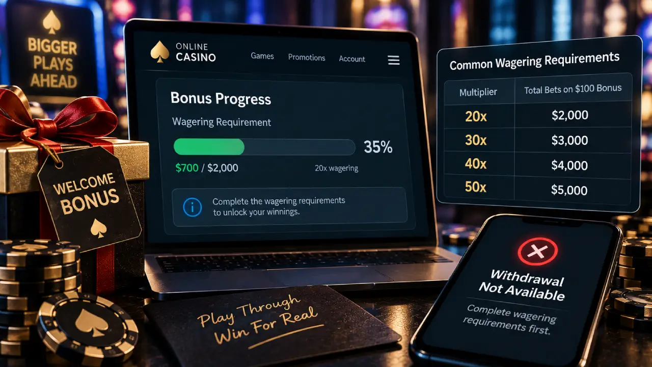 Online casino bonus progress dashboard showing wagering requirements from 20x to 50x and a withdrawal blocked until the required betting turnover is completed.