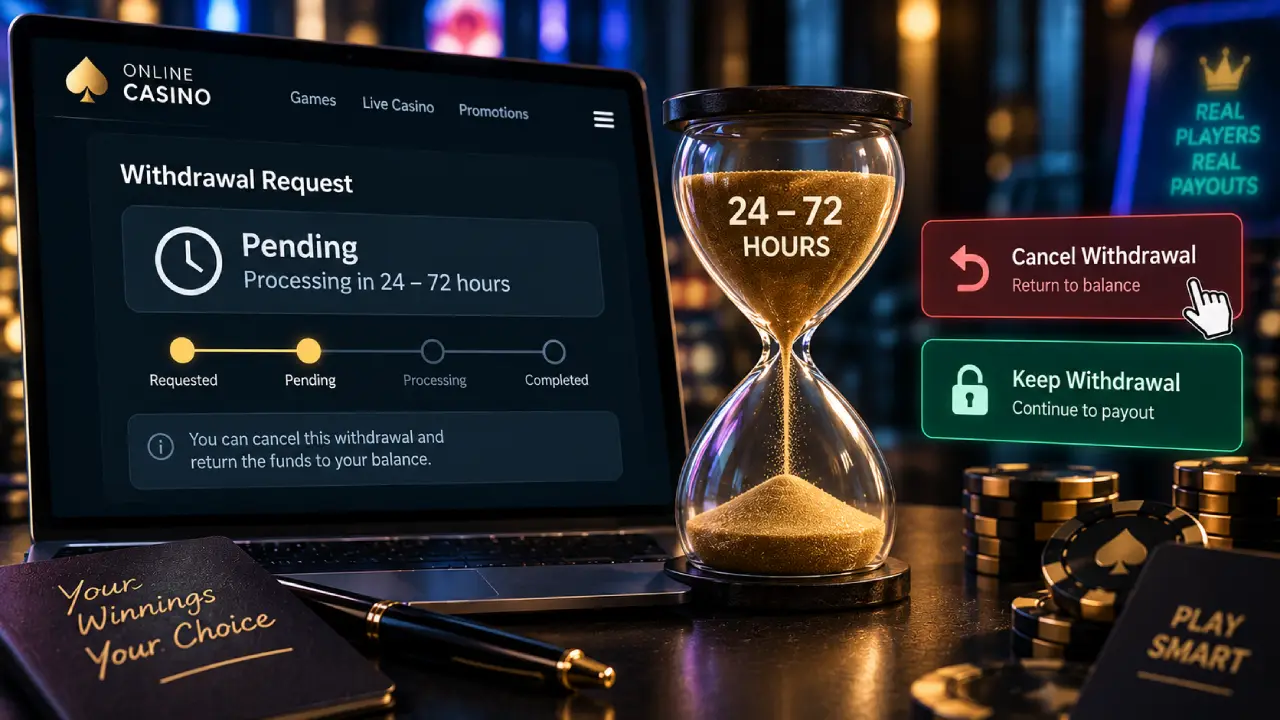 Online casino withdrawal request showing a 24–72 hour pending period with options to cancel or keep the withdrawal before payout processing.