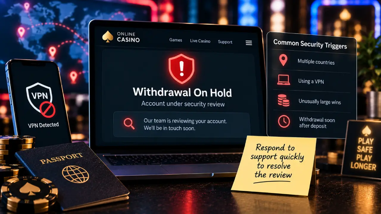 Online casino withdrawal placed on hold for a security review after triggers such as VPN use, logins from multiple countries, large wins or quick withdrawals.