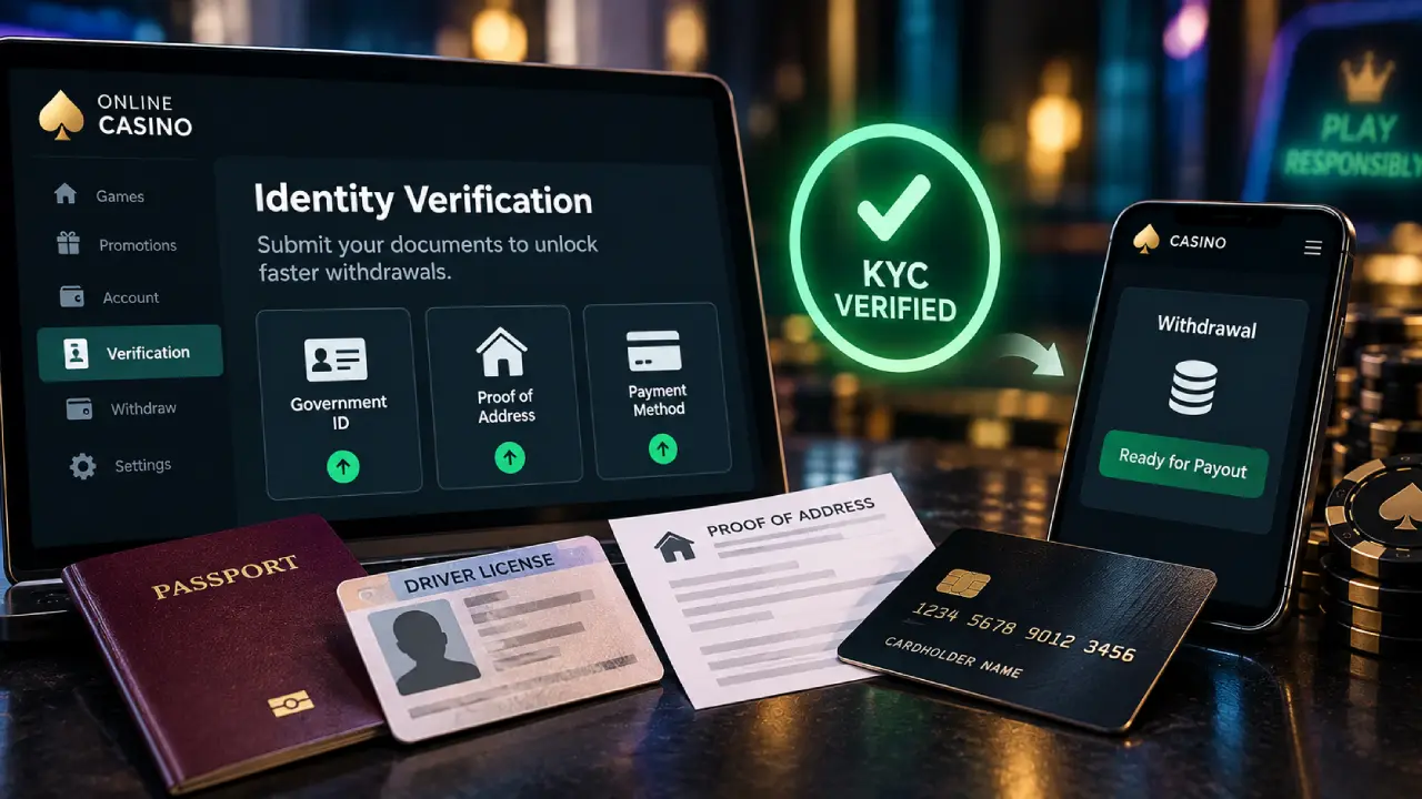 Online casino KYC verification process showing government ID, proof of address and payment method checks required before a withdrawal can be processed.