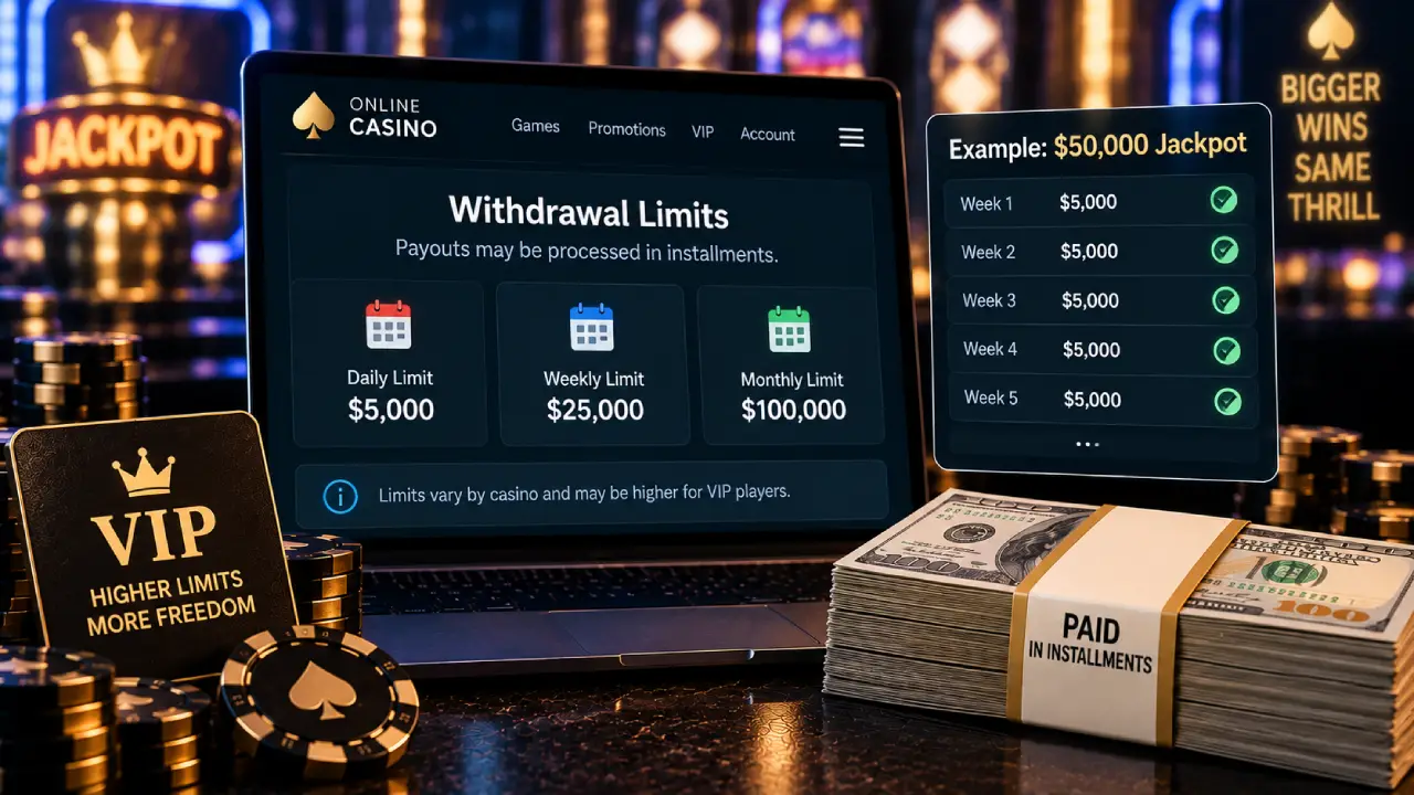 Online casino withdrawal limits showing daily, weekly and monthly payout caps, with a $50,000 jackpot paid in installments and higher limits for VIP players.