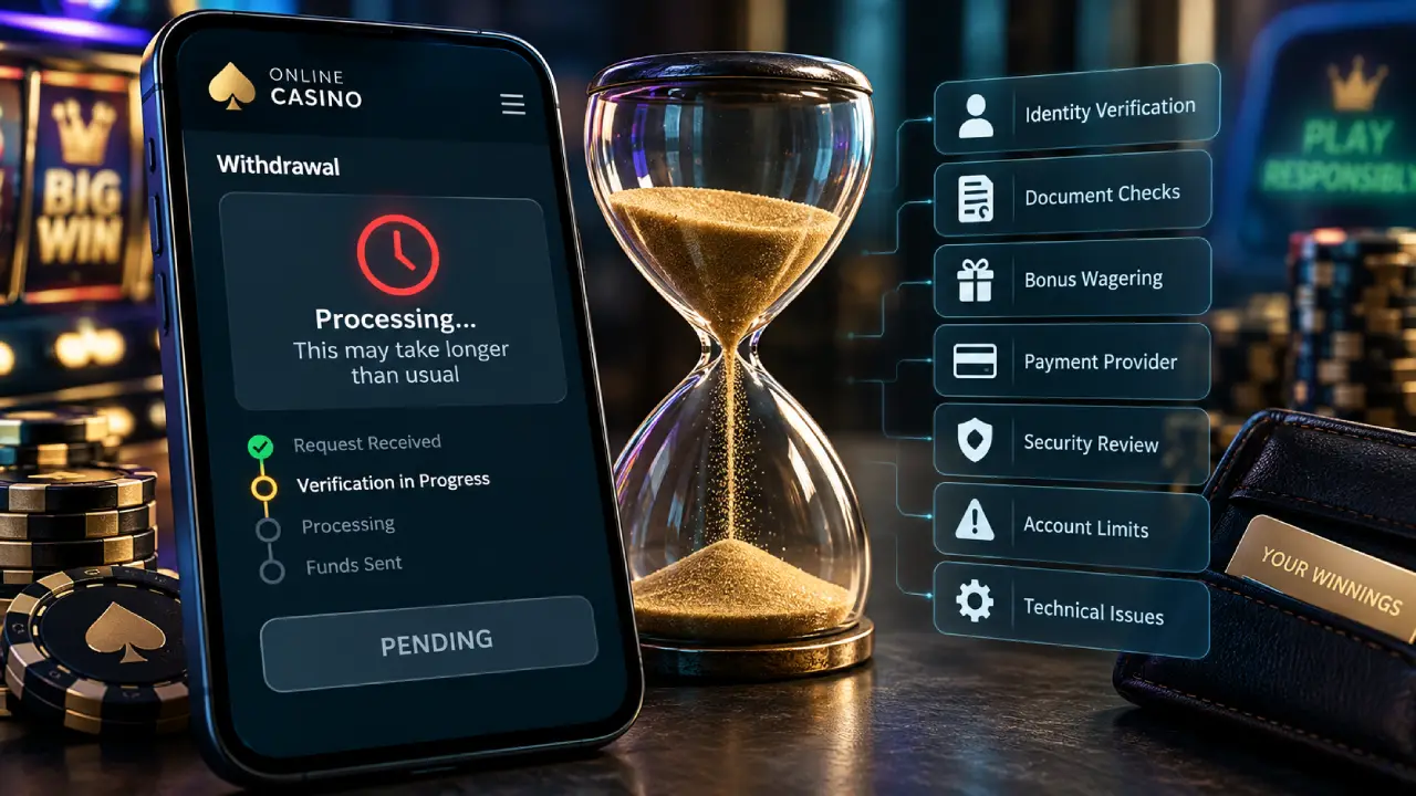 Online casino withdrawal shown as pending on a smartphone, with an hourglass and seven common causes of payout delays including verification, payment checks, and security reviews.