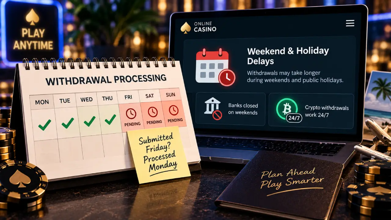 Online casino withdrawal processing calendar showing weekend and holiday payout delays, with banks closed on weekends and cryptocurrency withdrawals available 24/7.