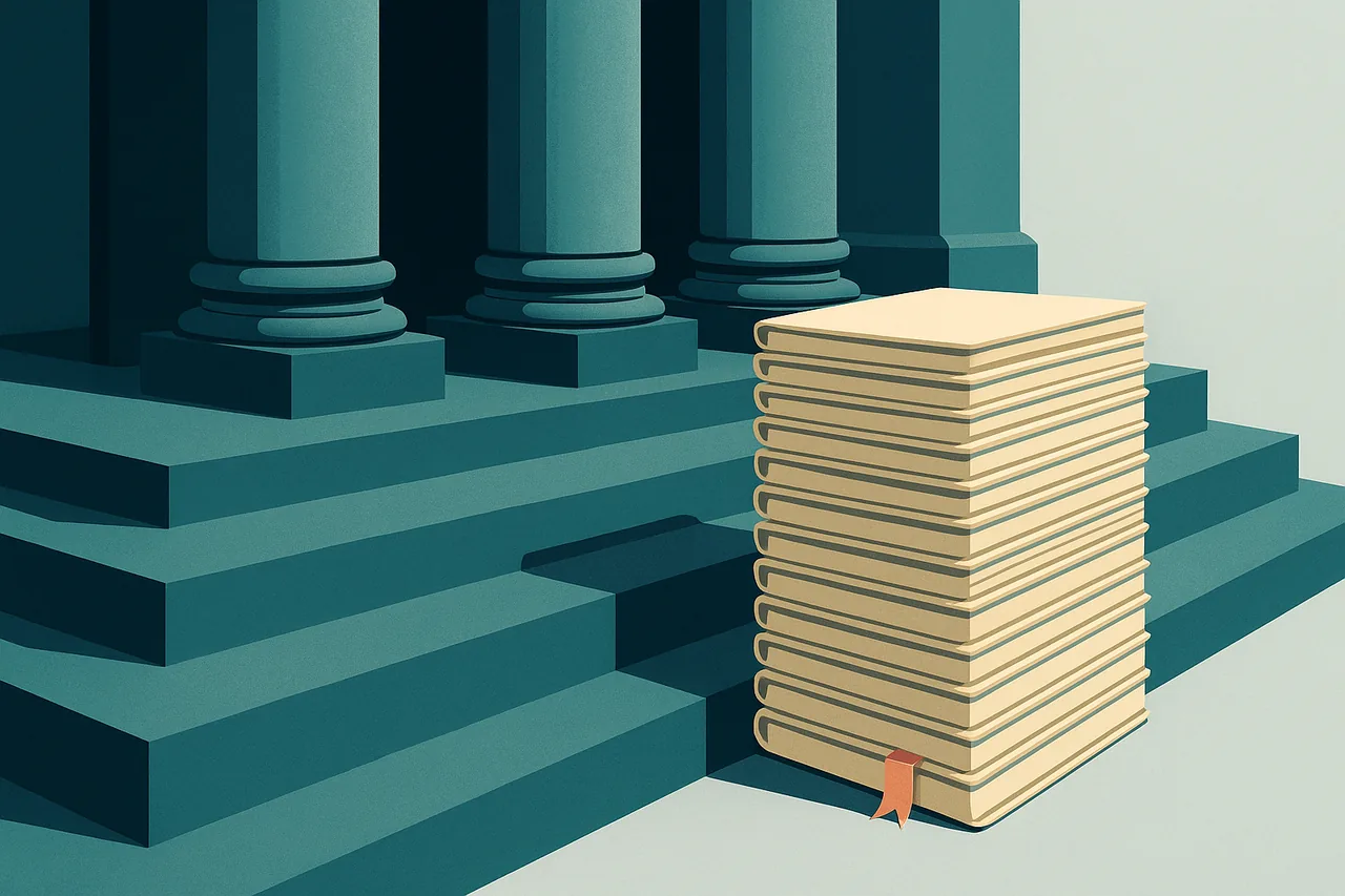 Courthouse steps with a tall stack of case folders, illustrating official public court and property records