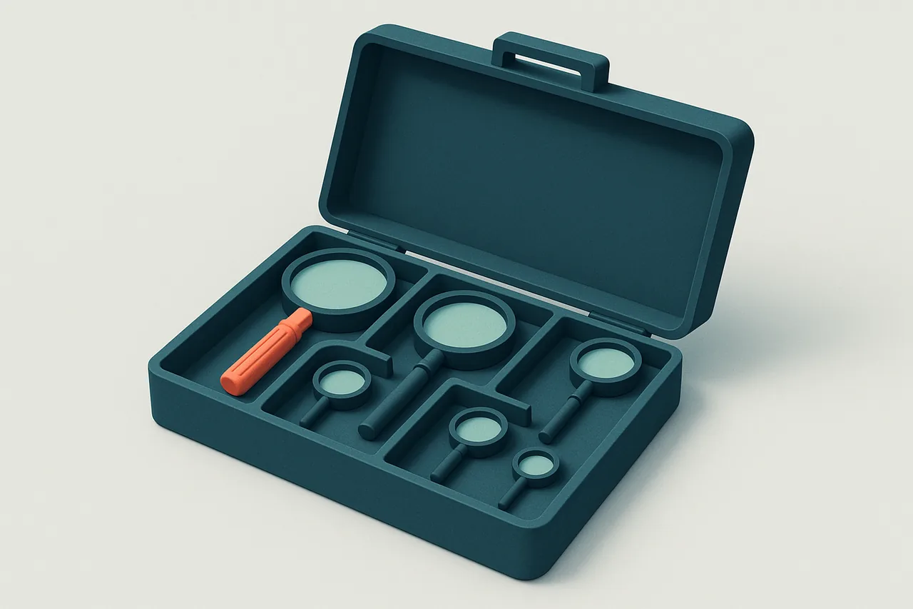 Toolbox holding magnifying glasses of different sizes, representing the range of people finder tools