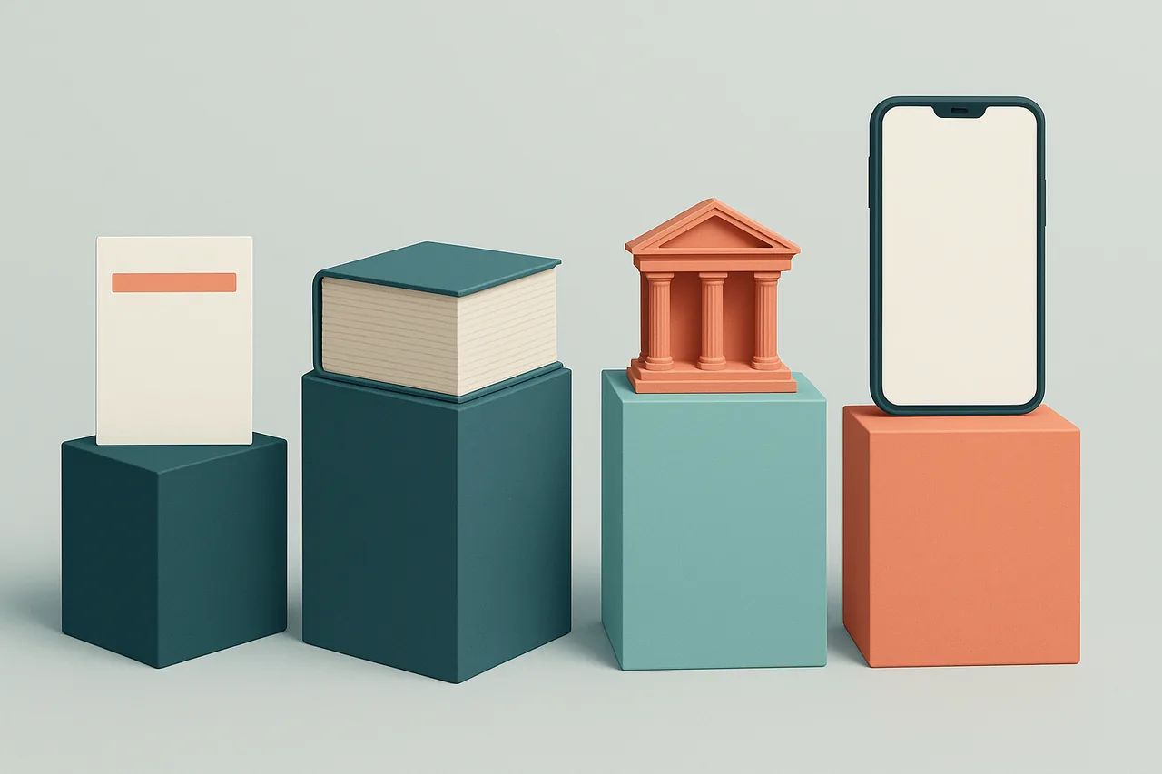 Four pedestals holding a card, a report, a courthouse model and a phone, comparing types of people finder tools