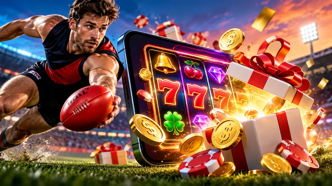 AFL player beside a mobile pokies game with gift boxes, casino chips and coins representing AFLPokies.com signup rewards.