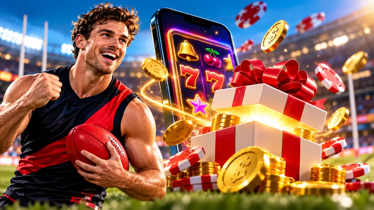 AFL player beside a mobile pokies game, glowing reward box, coins and casino chips illustrating the benefits of signup rewards.