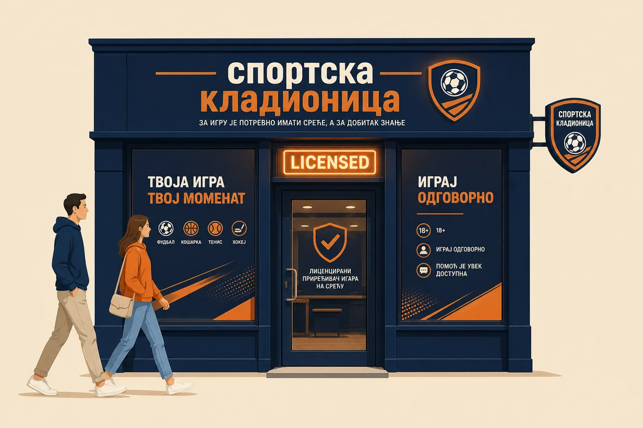 Illustrated licensed Serbian sports betting shopfront on a quiet street