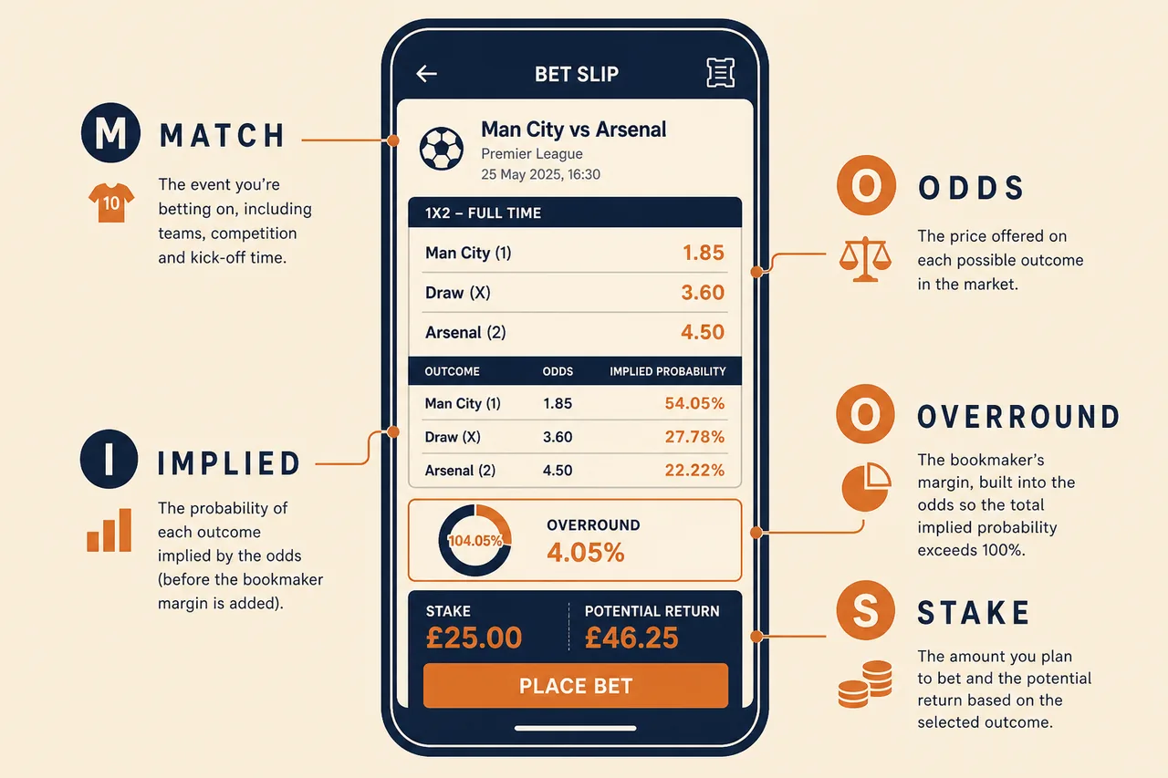 Infographic of a sports betting ticket anatomy on a phone
